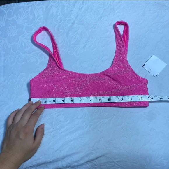 NEW Good American Sparkle Metallic Bikini Top Knockout Pink Scoop Square Neck 0 - Picture 4 of 10